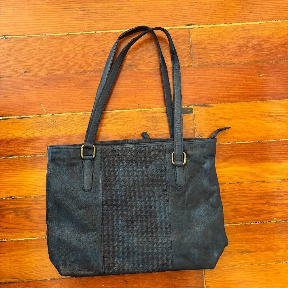 Oak Leathers Navy Blue Distressed Woven Leather Tote Bag Purse